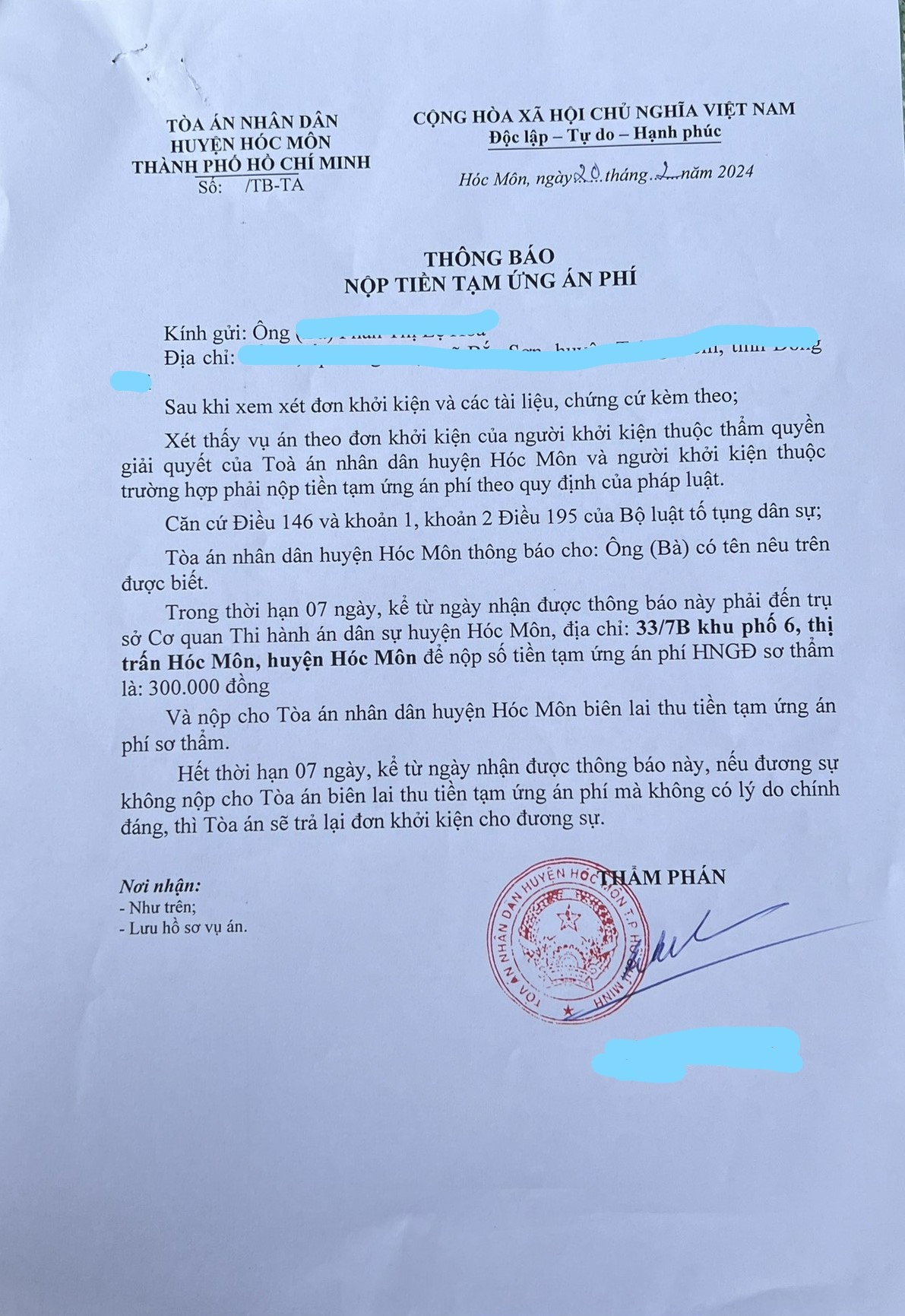 Tạm ứng án phí, án phí ở hóc môn