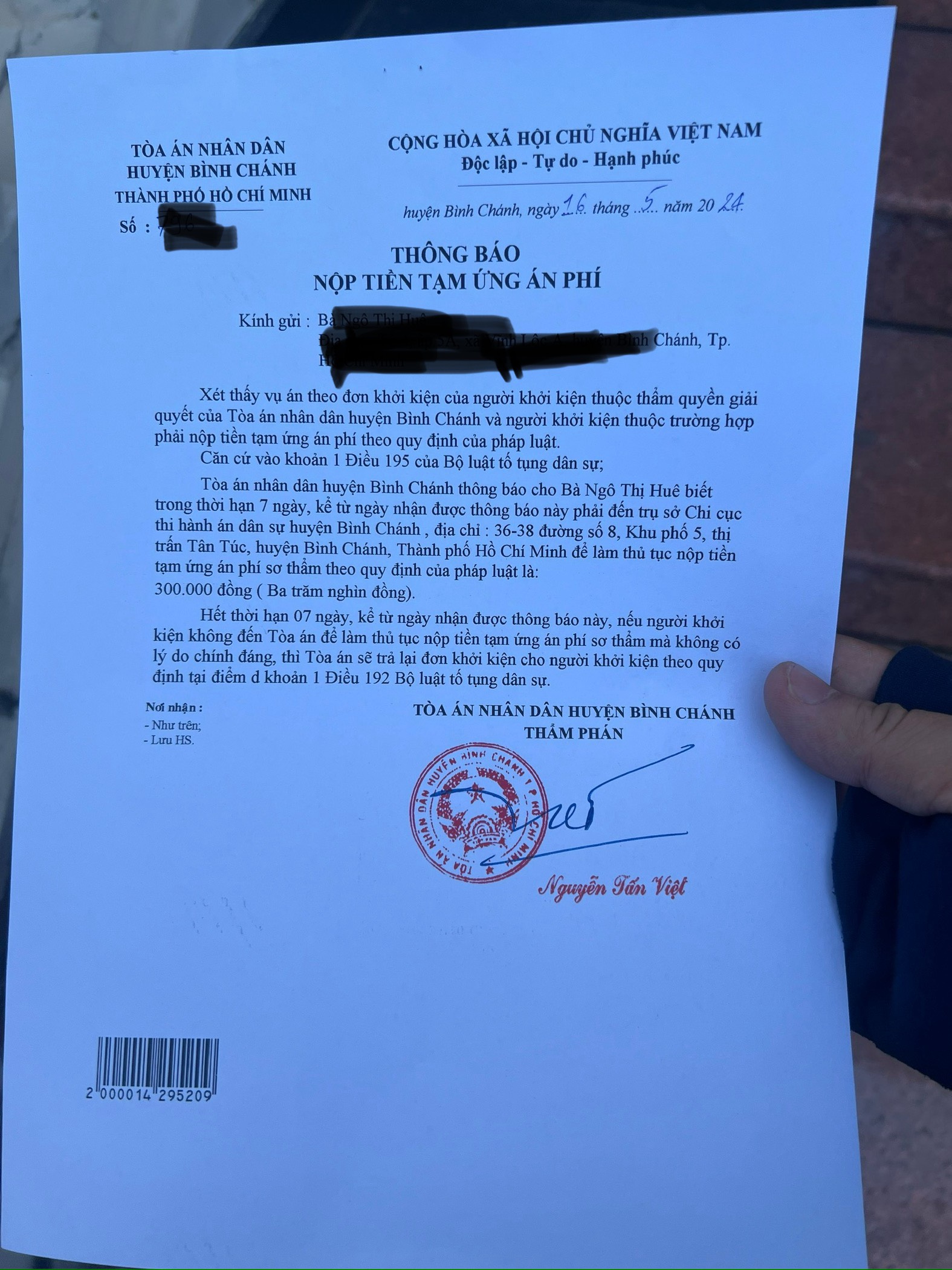 Thông báo nộp tạm ứng án phí ly hôn huyện Bình Chánh