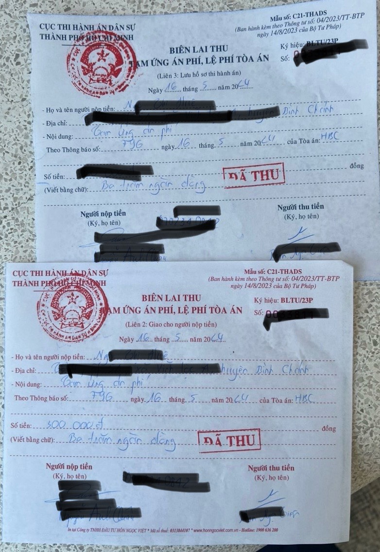 Biên lai đóng tạm ứng án phí ly hôn huyện Bình Chánh